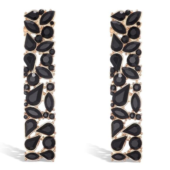 Yellow Gold with Black Onyx Crystal Geometric Rectangle Post Back Back Earrings - Picture 1 of 6